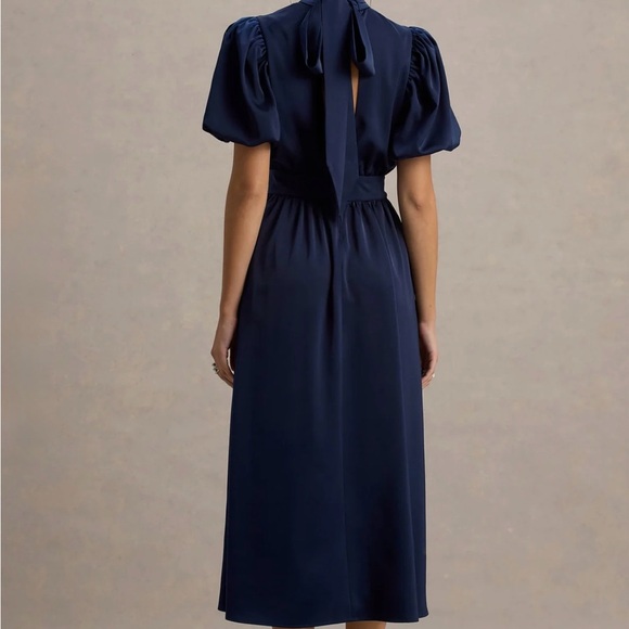 NWT Club L London Persea Navy Satin Puff-Sleeve Wedding Guest Midi Dress - Picture 2 of 9
